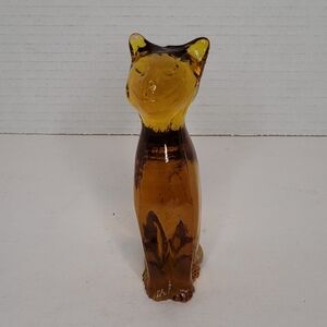 Vintage Kanawa Amber Glass Ally Cat Happy Smiling Cat Statuette Excellent